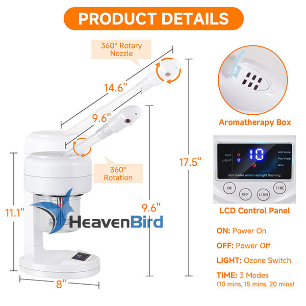 Nano Ionic Facial Steamer Portable Face Steamer with LCD Screen Extendable 360° Rotating Arm Rotatable Nozzle Hot Mist Function for Personal Care at Home or Salon