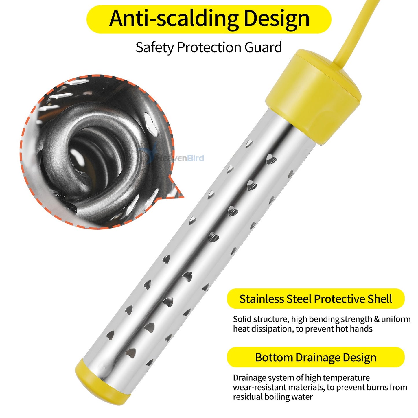 Portable Immersion Water Heater with Stainless Steel Cover Anti-scalding Bucket Heater Quick Heating Immersion Heater for Indoor & Outdoor