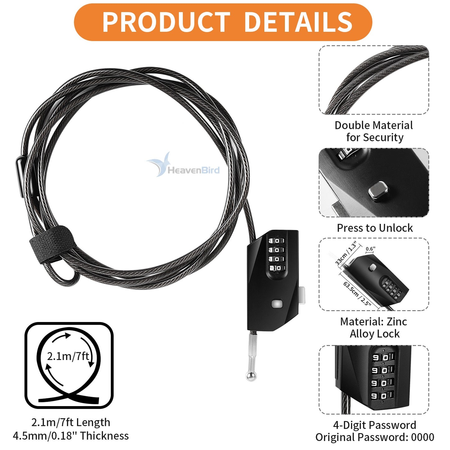 Cable Lock, Small Combination Lock with 4 Digit Code, Chain Lock for Car