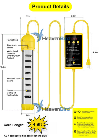 1800W Submersible Water Heater with Anti-Dry-Burn & Auto Shut-Off, Portable Immersion Heater with Timer and Temperature Control - for Bathtubs, Inflatable Pools, Camping Buckets (120V)