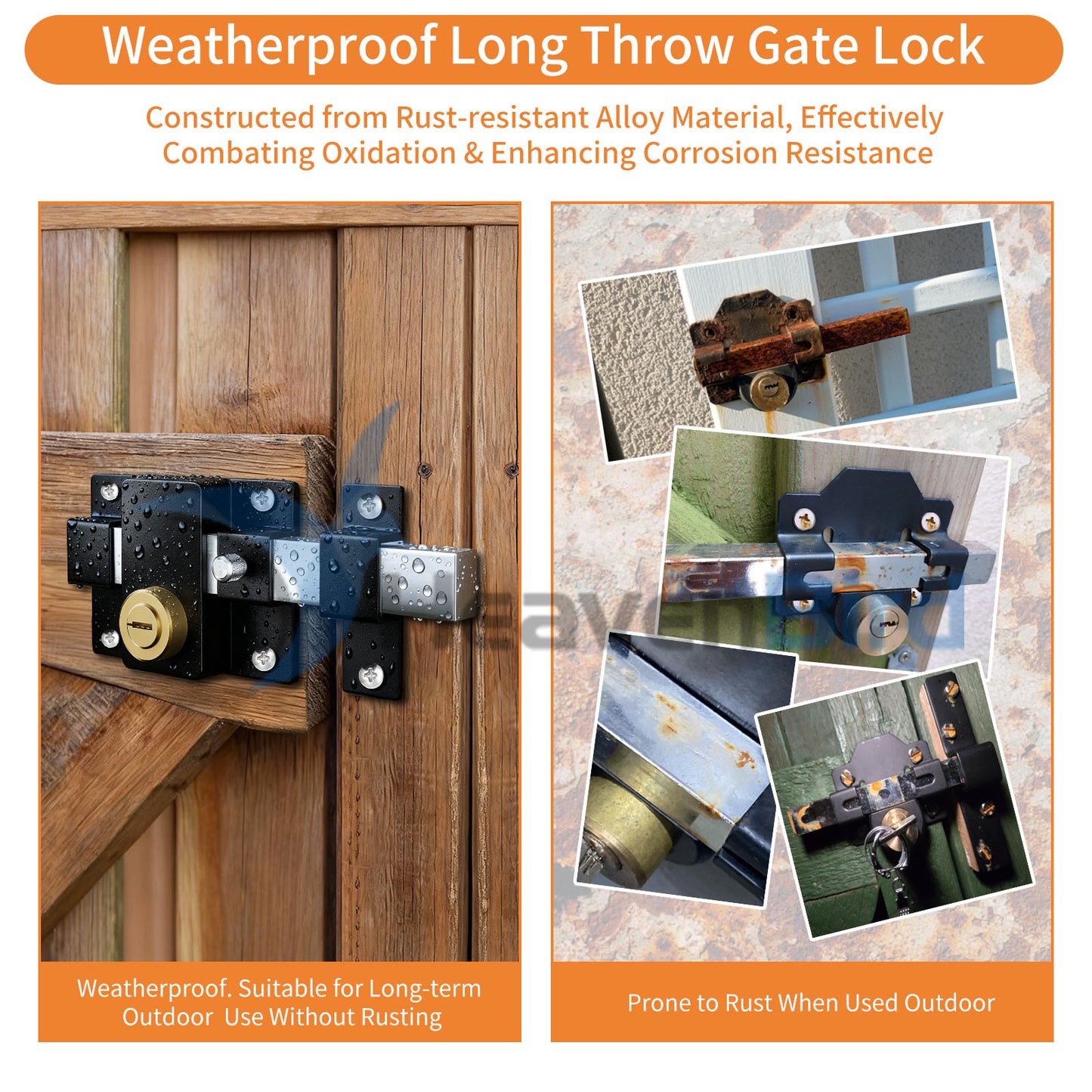 Long Throw Gate Lock, Fit for 40-80mm Wooden Door, Anti-Rust, Double Sides Locking, Right & Left Door, 5 Keys