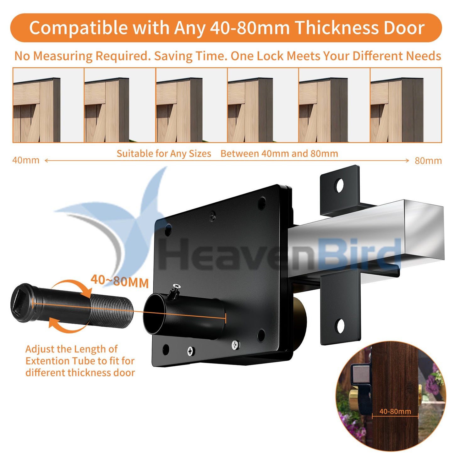 Long Throw Gate Lock, Fit for 40-80mm Wooden Door, Anti-Rust, Double Sides Locking, Right & Left Door, 5 Keys