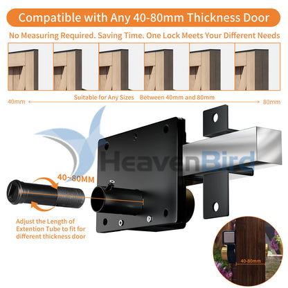 Long Throw Gate Lock, Fit for 40-80mm Wooden Door, Anti-Rust, Double Sides Locking, Right & Left Door, 5 Keys