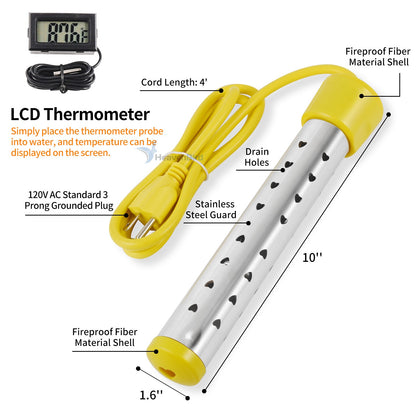 Portable Immersion Water Heater with Stainless Steel Cover Anti-scalding Bucket Heater Quick Heating Immersion Heater for Indoor & Outdoor