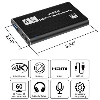 4K HDMI Video Capture Card, Gaming Capture Card with Microphone, Full HD 1080P 60FPS USB Capture Card, USB 3.0 HDMI Video Capture Device