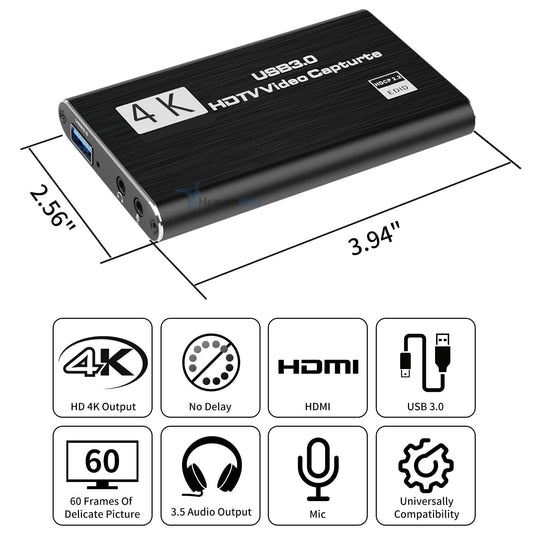 4K HDMI Video Capture Card, Gaming Capture Card with Microphone, Full HD 1080P 60FPS USB Capture Card, USB 3.0 HDMI Video Capture Device