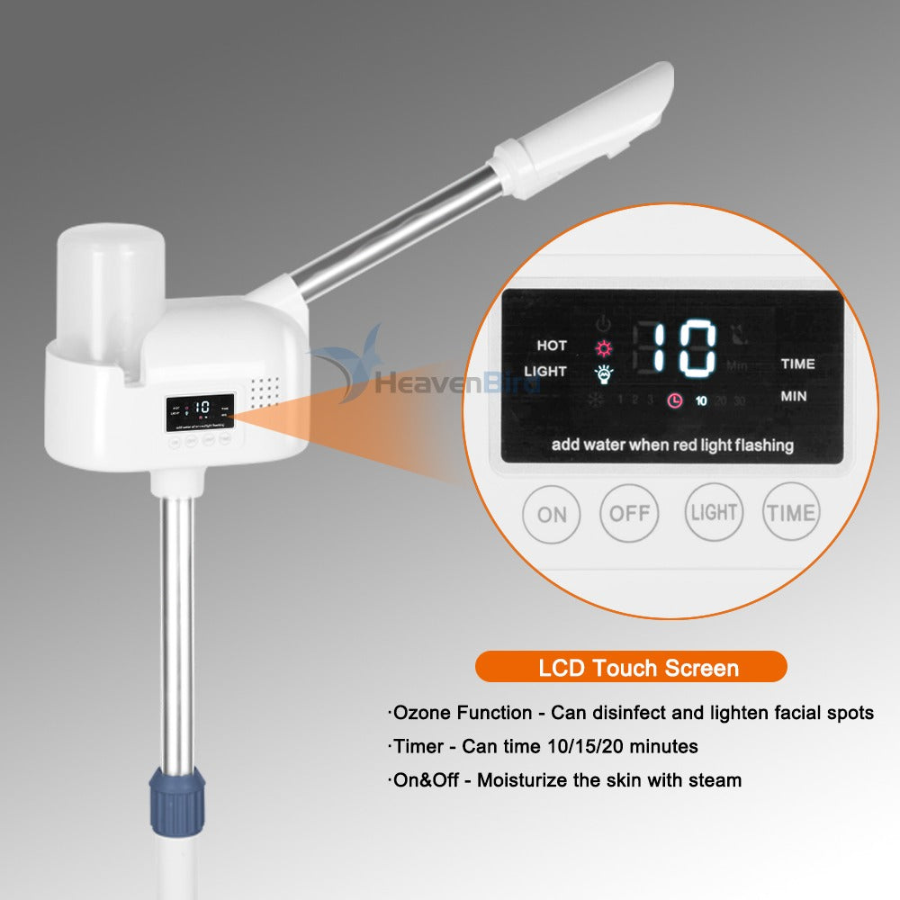 Upgrade Professional LCD Facial Steamer with Hot Mist Esthetician Steamer for Salon Spa & Home Stand Facial Steamer On Wheels 33.8oz Large Upper Inlet Cup & 50s Fast Heating