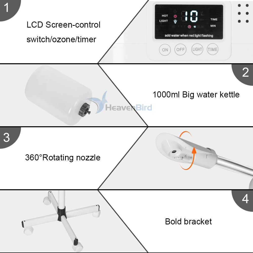 Upgrade Professional LCD Facial Steamer with Hot Mist Esthetician Steamer for Salon Spa & Home Stand Facial Steamer On Wheels 33.8oz Large Upper Inlet Cup & 50s Fast Heating