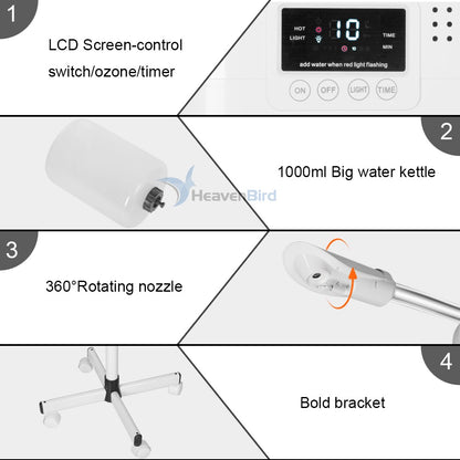 Upgrade Professional LCD Facial Steamer with Hot Mist Esthetician Steamer for Salon Spa & Home Stand Facial Steamer On Wheels 33.8oz Large Upper Inlet Cup & 50s Fast Heating