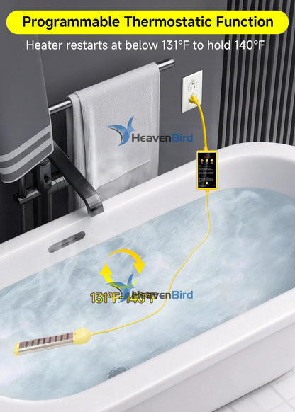 1800W Submersible Water Heater with Anti-Dry-Burn & Auto Shut-Off, Portable Immersion Heater with Timer and Temperature Control - for Bathtubs, Inflatable Pools, Camping Buckets (120V)