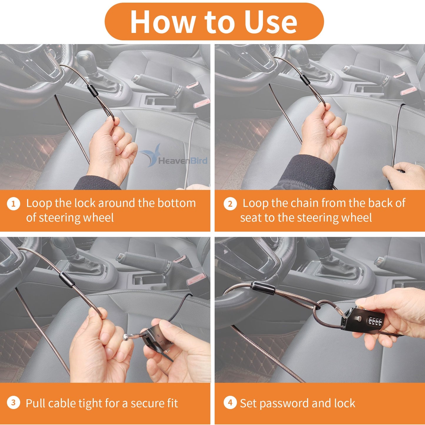 Cable Lock, Small Combination Lock with 4 Digit Code, Chain Lock for Car