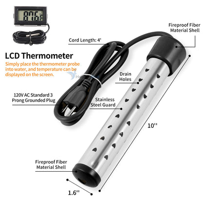 Portable Immersion Water Heater with Stainless Steel Cover Anti-scalding Bucket Heater Quick Heating Immersion Heater for Indoor & Outdoor