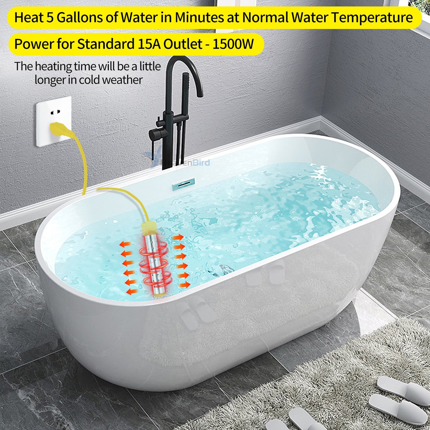 Portable Immersion Water Heater with Stainless Steel Cover Anti-scalding Bucket Heater Quick Heating Immersion Heater for Indoor & Outdoor