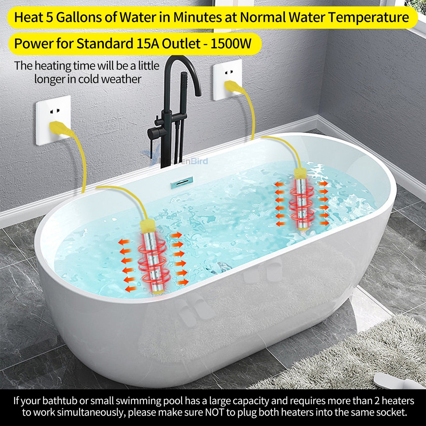 Portable Immersion Water Heater with Stainless Steel Cover Anti-scalding Bucket Heater Quick Heating Immersion Heater for Indoor & Outdoor