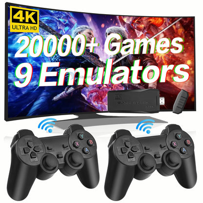 Wireless Retro Game Console Plug & Play Video TV Game Stick with 20000+ Games, 64G 10 Emulators, 4K HDMI Nostalgia Stick Game for TV Dual 2.4G Wireless Controllers